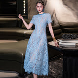 Heavy Industry Drill Round Lace Hook Flower Big Swing Waist Red Blue Short-Sleeved Dress Spring And Summer Women's Dress 2025 68HZ