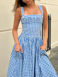Sexy Women's Summer Summer Idyllic Dress Blue Lattice Sling Dress Summer Women's High-End Holiday Dress 68HZ
