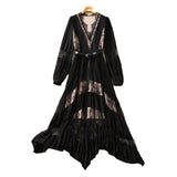 Sexy V-Neck Long-Sleeved Lace Splicing Black Irregular Swing Dress Spring And Summer Women's New 2024 68HZ