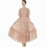 Sexy At The Same Time Round Collar Short-Sleeved Lotus Side Red Splicing Cake Dress Dress Women's Spring And Summer 2025 68HZ