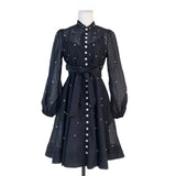 French Early Autumn Silk Taut Feeling High Collar Design Heavy Industry Nail Drill Long Sleeve Buckle Lantern Sleeve Dress Shows Temperament 68HZ