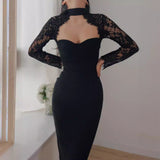Sexy Hanging Neck Lace Dress Wish Burst Banquet Bandage Dress Autumn And Winter Long Sleeves 68HZ