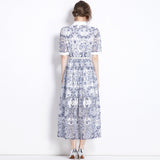 2024 Summer Collar Short-Sleeved Belt-Recely Blue Print Hollow Lace Retro Dress 68HZ