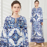 Vintage Blue And White Porcelain Printed Dress Women Summer Seaside Beach Dress Loose Meat Cover Sunscreen Open Fork Dress 68HZ