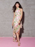 New Sexy Shoulder Hanging Neck Print Dress In The Long Dress Irregular Lotus Leaf Side Temperament Dress Dress 68HZ