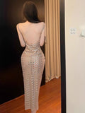 High-End Women's Nude Flash-Colored Back Light Luxury Party Birthday Sexy Dress Hanging Dress 68HZ