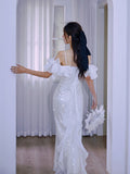 Evening Dress 2024 New Fine Shiny Piece Shoulder Dress Fishtail Dress Three-Dimensional Lotus Bra Little Dress 68HZ