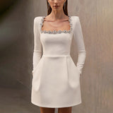 Famous Wind To Close The Waist Thin Dress 2025 New Temperament Square Collar Diamond Design Short Dress Woman 68HZ