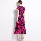 High-End Knee Dress Women's Summer 2024 Temperament Lotus Leaf Sleeve Fashion Waist Thin Print V-Neck Dress 68HZ