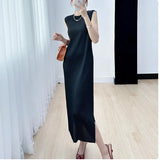 Three-House Fish Squid Folding Vest Dress Women's Summer Temperament Simple Embody Sleeveless Over The Knee Wrinkle Open One-Step Skirt 68HZ