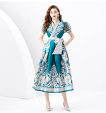 French Retro Court Dress Design Printing Lantern Sleeves Long Swing Temperament Dress Spring Dress 68HZ