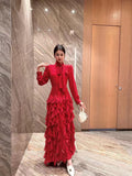 2025 Autumn And Winter Women's Elegant Ocean Collar Bow Wave Point Printing Waist Lotle Side Dress 68HZ