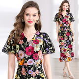 Summer Banquet Famous Wind V-Neck Bubble Sleeves Body-Brace Hip Three-Dimensional Flower Lace Dress 68HZ