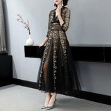 Sexy V-Neck Heavy Industry Embroidery Mesh Perspective Big Swing Dress Black Dress Women Spring And Summer 2024 68HZ