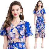Summer Banquet Famous Wind V-Neck Bubble Sleeves Body-Brace Hip Three-Dimensional Flower Lace Dress 68HZ