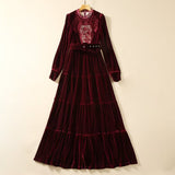 Fashion Hollow Embroidered Long-Sleeved Wine Red Velvet Princess Dress Dress Autumn And Winter Women's Dress New 2025 68HZ
