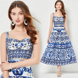 Summer Blue And White Porcelain Printing Spliced Three-Dimensional Breast Sling Sling Sling Belt + Half-Dress Two-Set Female (With Chest Cushions) 68HZ