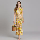 Temperament Court Style Heavy Industry Three-Dimensional Flower Net Embroidery Bagted Hip Dress French Fishtail Dress Woman 68HZ