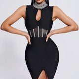 Women's High-Collar Hot Diamond Sexy Hollow Net Yarn Before The Fork Banded Dress Direct Sales 68HZ