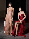 High-End Women's Perspective Sexy Sling Dress Dress Deep V Print High Open Fork Dress Dress 68HZ