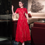 Heavy Industry Drill Round Lace Hook Flower Big Swing Waist Red Blue Short-Sleeved Dress Spring And Summer Women's Dress 2025 68HZ
