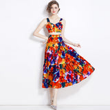 2024 Summer New Women's Retro Sleeveless Short-Wrapped Breast Sling + Printed High-Rise Half-Dress Two Sets 68HZ