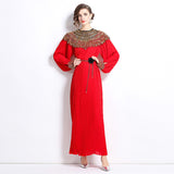 2025 Senior Sense Of The Famous Fan Heavy Industry Nail Bead Dress Temperament Sister Fan Lantern Sleeves Loose Long Skirt 68HZ