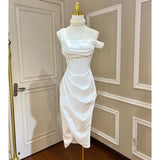 Temperament Design Irregularly Slanted Shoulder-Speeled Thoracic Fish Bone Folded Open-Scrinkled And Forked-Sing-Faced Dress Dress Dress Dress 68HZ