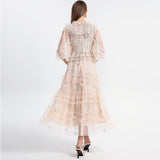 Smell Elegant Dress Woman 2025 French Heavy Industry Embroidered Flower Net Folded Pongy Over Knee Dress 68HZ
