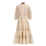 Court Retro Style Long-Sleeved Dress Woman 2025 Spring New Splicing Hollow High-End Feeling Slimy Dress 68HZ
