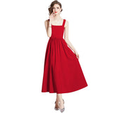 Summer New French Temperament Square Necker Sling Dress Women's Waist Thin Dress A Word Fluffy Long Dress 68HZ
