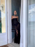 Autumn/Winter 2024 New Black Lace Breast Dress Long Dress Women's Gloves Three-Piece Set 68HZ
