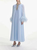 Small Group Liu Jialing With The Same Water Drill Ostrich Hair Decoration Long-Sleeved Holiday Chiffon Dress SP 68HZ