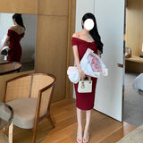 Wine Red French Champs-All Lys¨¦e Classic Shoulder Tea Dress High Waist Repair Body Scuffled Ass Bent Dress Woman 68HZ