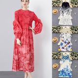 Miyake 2025 Summer New Dress Women's Design Printing Collar Long Sleeve Loose Thin Folds Long Dress 68HZ