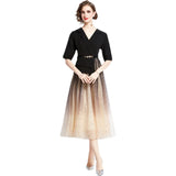 Black Dress Famous Temperament Thin Fake Two Suit Mesh Splicing Long Skirt 68HZ
