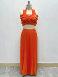 French Elegant Wind Two Sets 2025 New Chest Hanging Neck Loaf Side Top + High Waist Pressure Folded Skirt Dress 68HZ