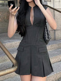Ol Commuter Women's Fashion Dress Sexy V-Neck Suit Hundred Folded Dress Fish Bone Repair Sleeveless Dress Woman 68HZ