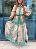French Dress Spring 2025 New Fashion V-Neck Retro Print High-Rise High-Rise Dress Woman Trend 68HZ