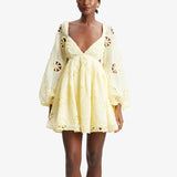 Sexy Deep V-Neck Bubble Sleeves Solid Dress 2025 New Fashion Hollow Back Design Short Dress Woman 68HZ