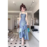 Evening Dress New French Masquein Blue Hanging Dress Female Summer At-Aug Princess Birthday Dress 68HZ