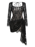 Long-Sleeved Sexy Lace Fish Bone Girded Waist Dress Autumn And Winter New Short Dress 68HZ
