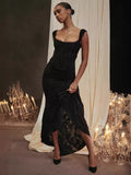 2024 Sleeveless Solid Color Shoulder Sleeveless Fish Bone Girded Waist Dress Banquet Evening Dress 68HZ