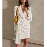 Designing A White V-Neck Banquet French Famous Style Dress Girded Long Sleeve Skirt 68HZ