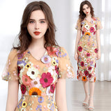 Summer Banquet Famous Wind V-Neck Bubble Sleeves Body-Brace Hip Three-Dimensional Flower Lace Dress 68HZ