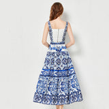 Summer Blue And White Porcelain Printing Spliced Three-Dimensional Breast Sling Sling Sling Belt + Half-Dress Two-Set Female (With Chest Cushions) 68HZ