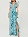 Solid-Color Open Fork Dress 2025 New Autumn V-Neck Wood Ear Design High-Waist Long Dress Woman 68HZ