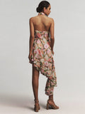 New Sexy Shoulder Hanging Neck Print Dress In The Long Dress Irregular Lotus Leaf Side Temperament Dress Dress 68HZ