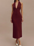 Sexy Dress Women's Sexy Bare Back V-Neck Suit Medium Long Dress Tight-Fitched And Forked Hanging Neck Dress 68HZ