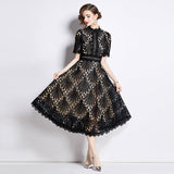 French High-End Lace Splicing Round Collar Dress Women's New Summer Waist Thin Temperament Big Swing Dress Dress 68HZ